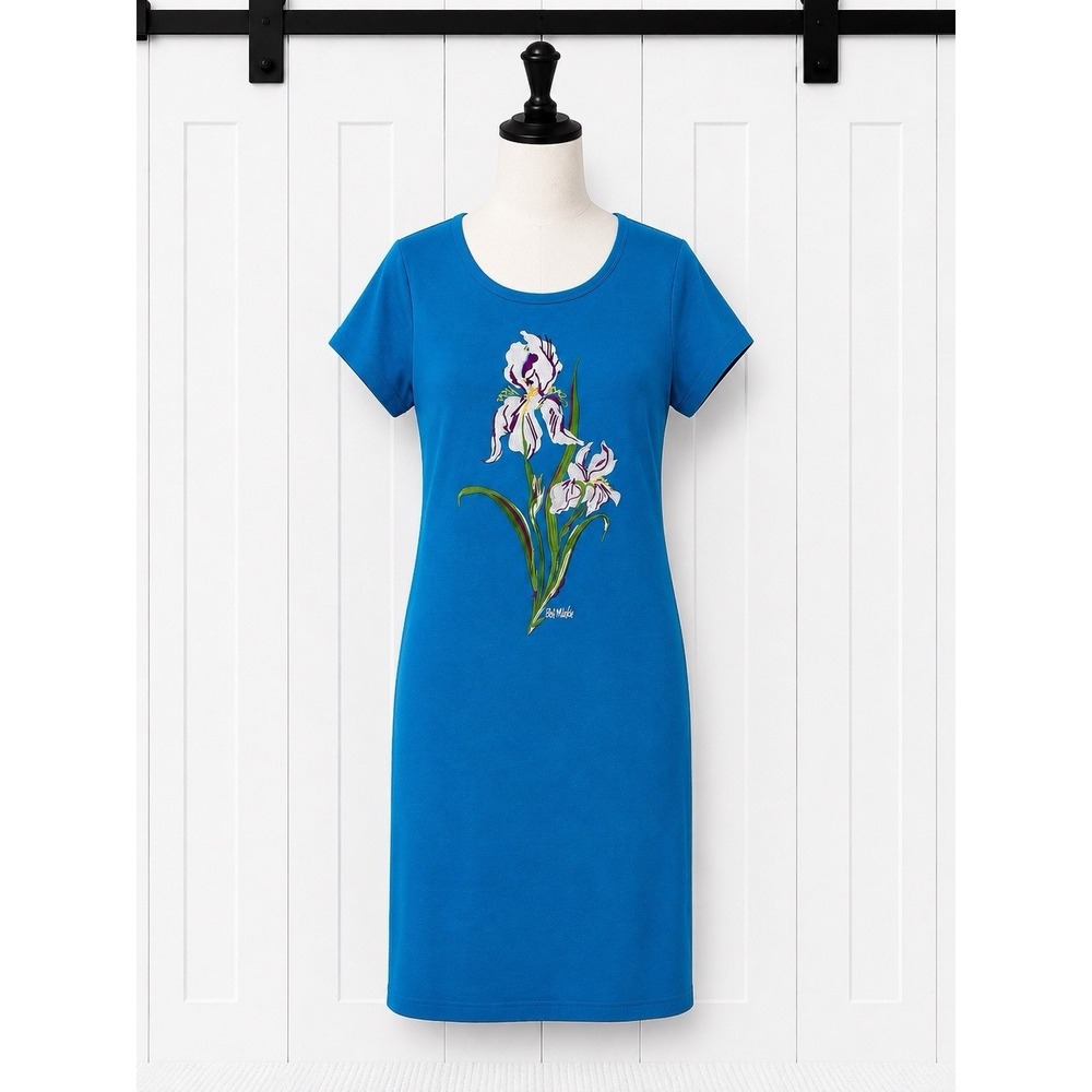Newβ Bob Mackie Blue Floral Embroidery Applique Wearable Art Cotton Knit Dress